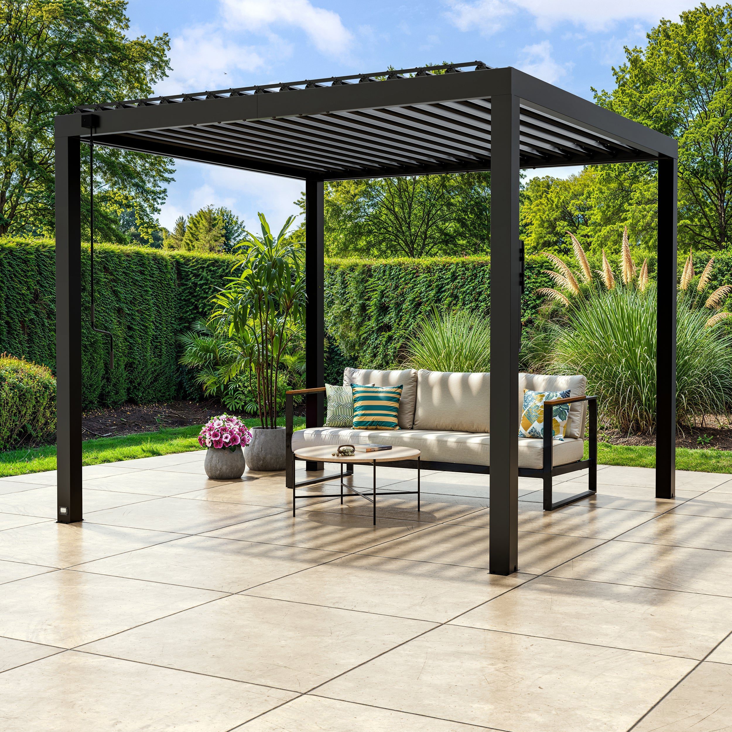 SIZE_10x10_SarasotaPergola_Hero_v1 10x10 Sarasota Steel Louvered Pergola - Image 1
