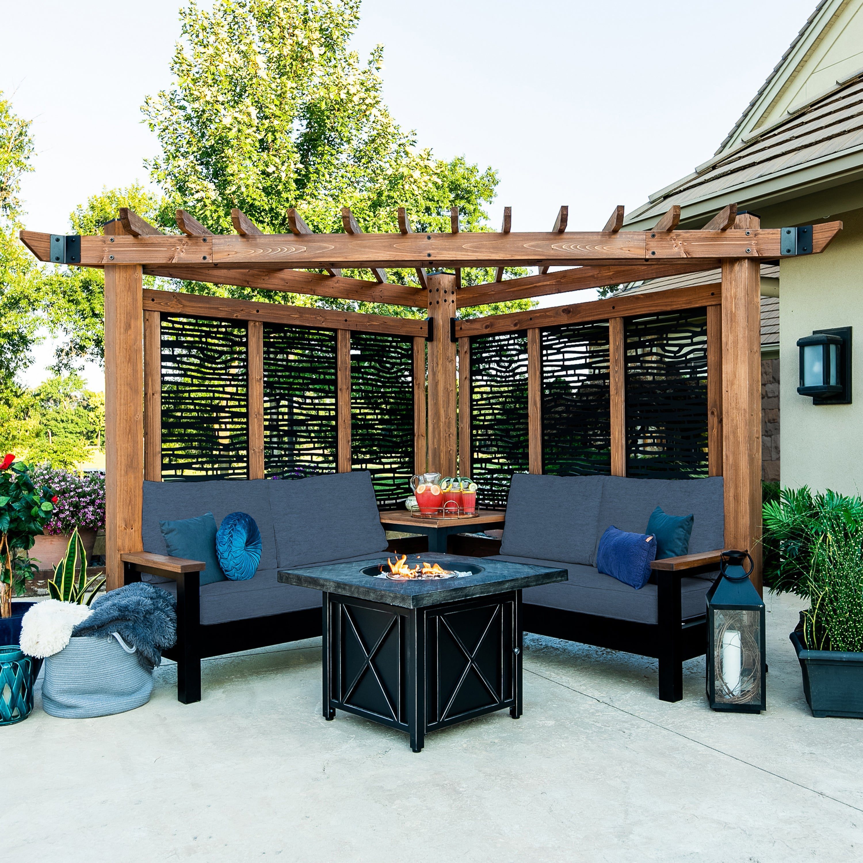 TuscanyBambooIndigo2 Tuscany Corner Pergola with Conversation Seating - Bamboo Panels - Image 1