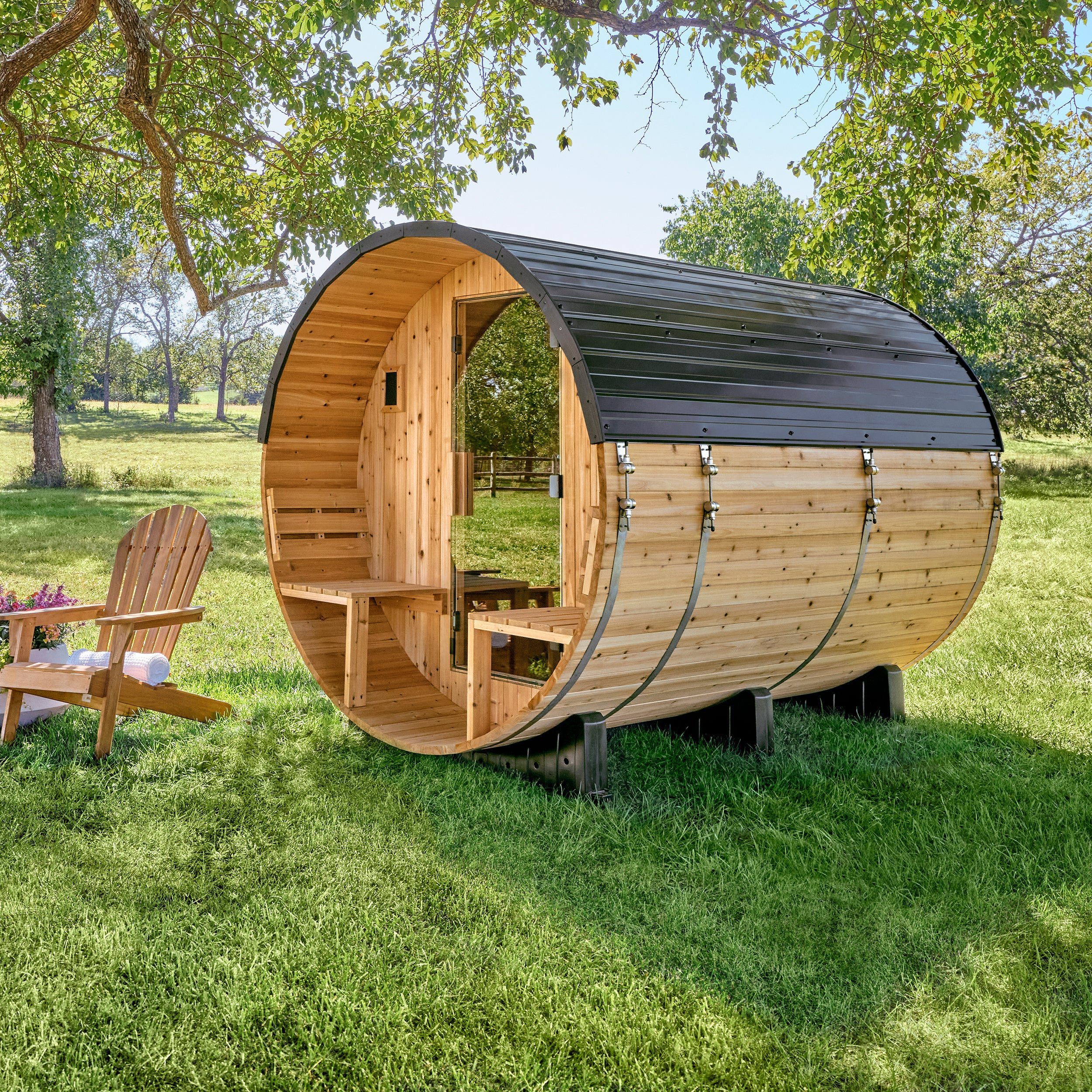 dwigenlgyh2djpri85gz Paxton Outdoor Barrel Sauna with Porch – 4-6 Person - Image 1