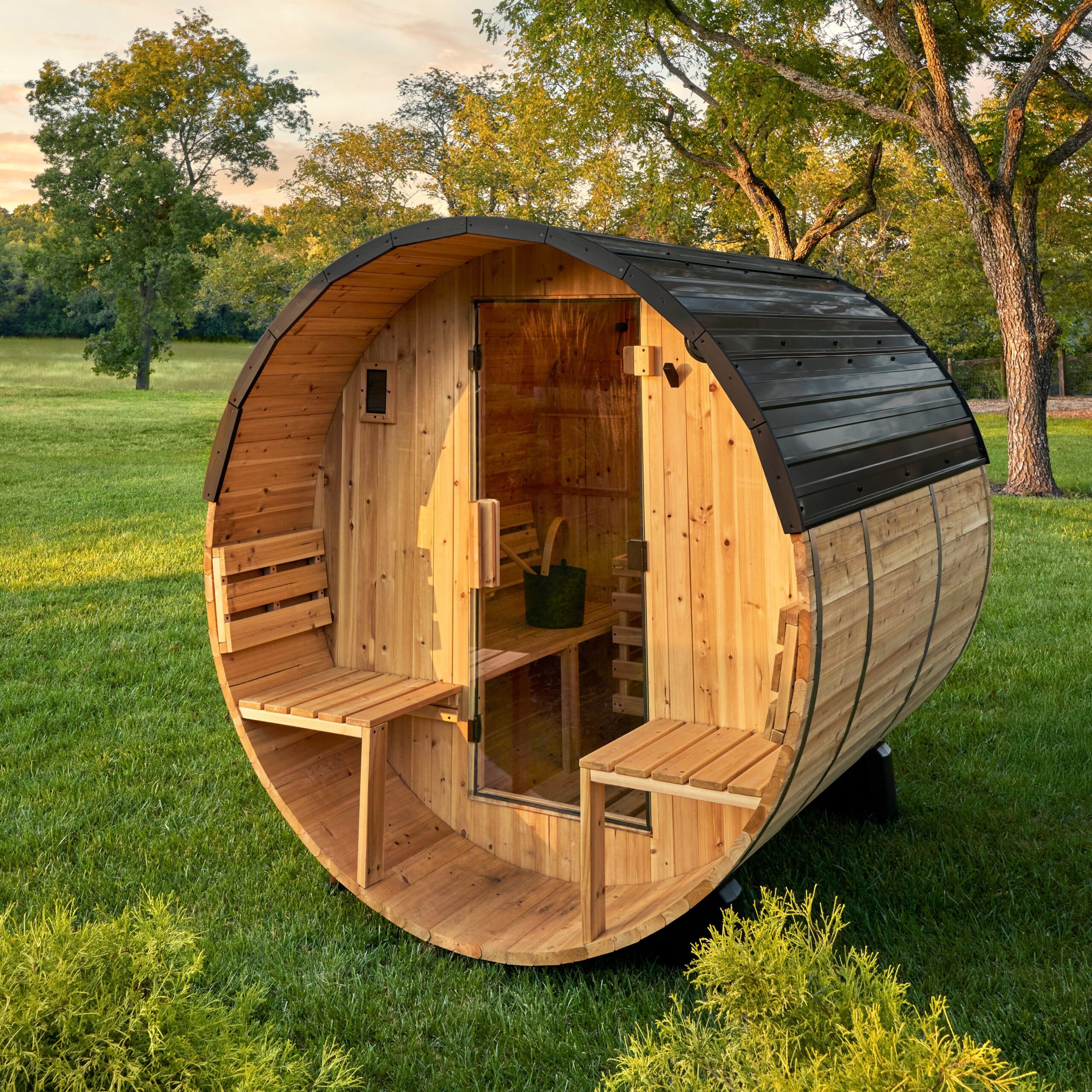 jmlxtklexh5bbtz0kudd Paxton Outdoor Barrel Sauna with Porch – 2-4 Person - Image 1