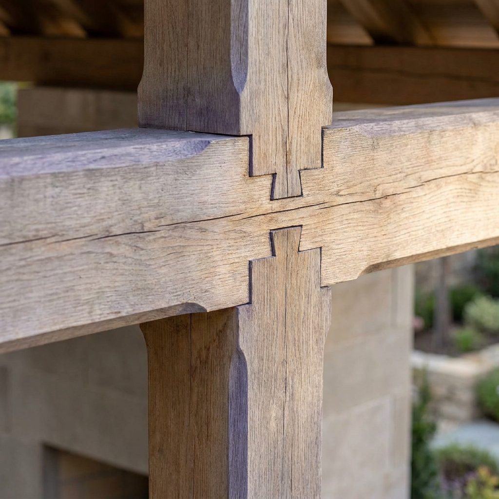 Detailed mortise-and-tenon timber joinery showcasing premium woodworking craftsmanship