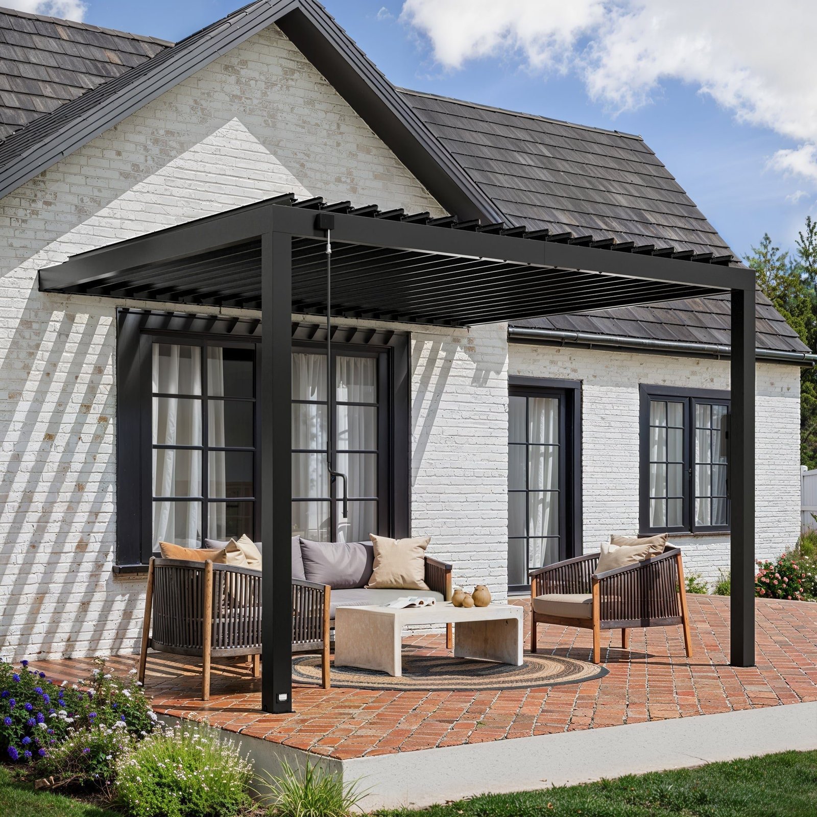 12x10_Evanston_Pergola_Hero_V2 12x10 Evanston Wall Mounted Louvered Pergola - Image 1