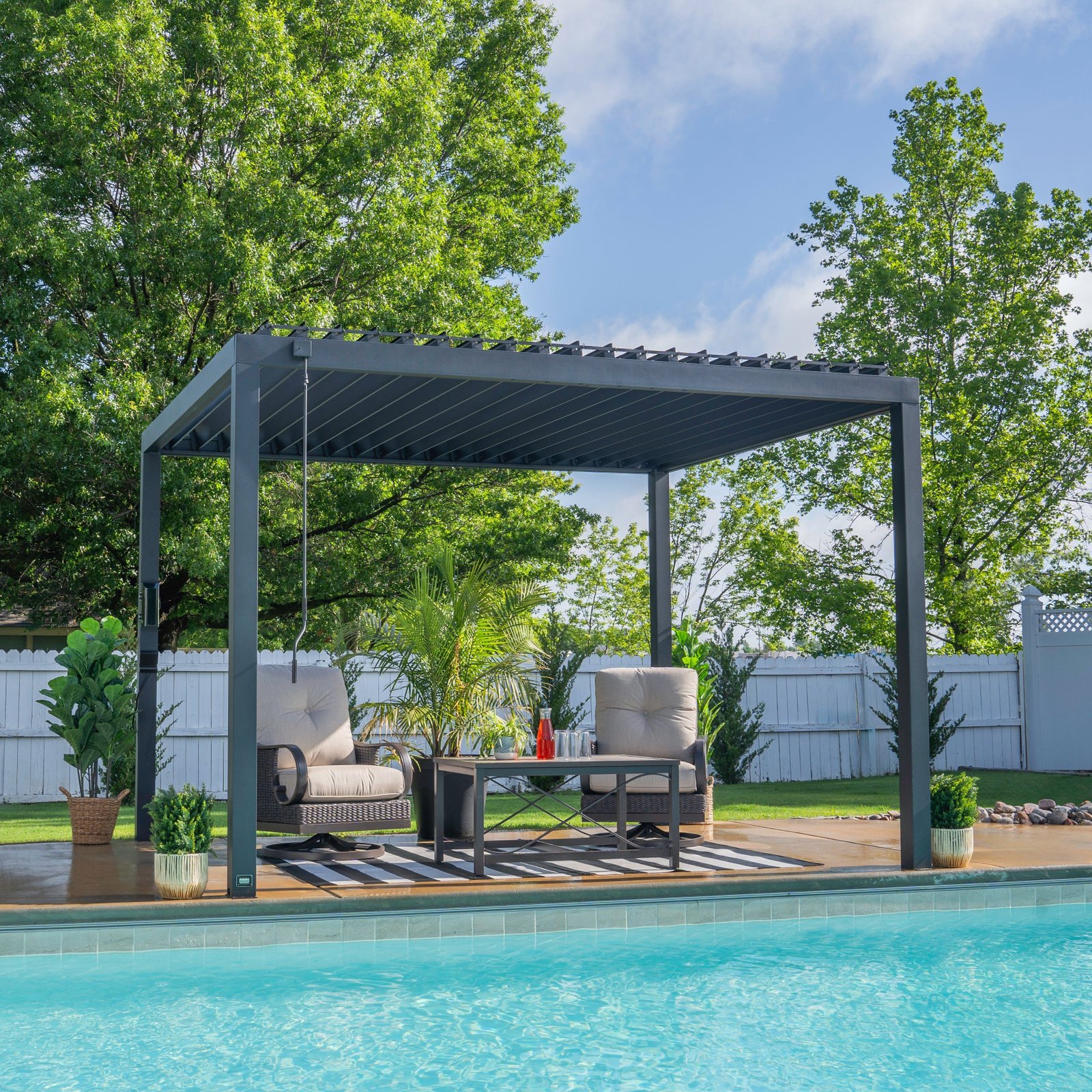 2407046-HERO-02 12x10 Sarasota Steel Louvered Pergola - Image 1