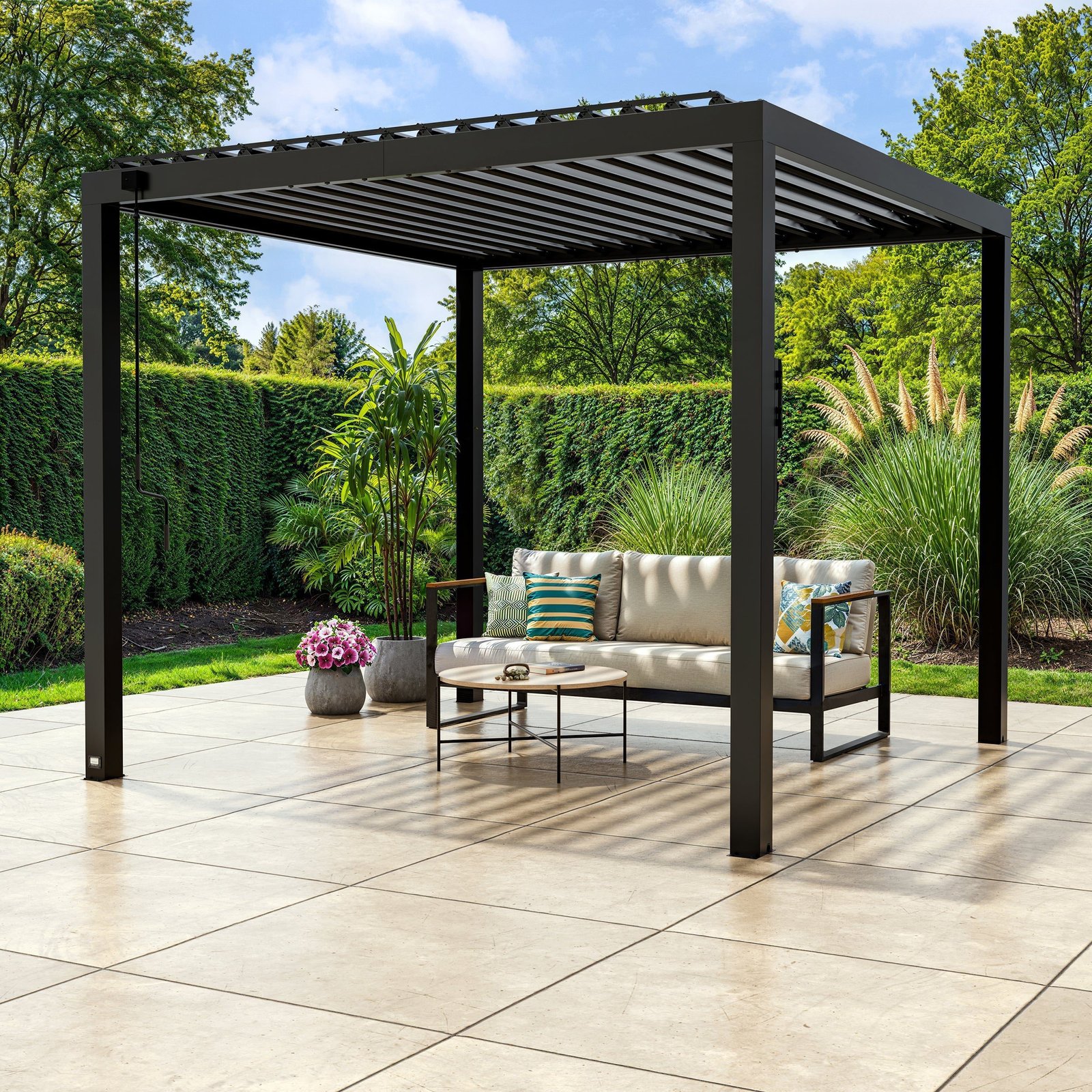 SIZE_10x10_SarasotaPergola_Hero_v1 10x10 Sarasota Steel Louvered Pergola - Image 1