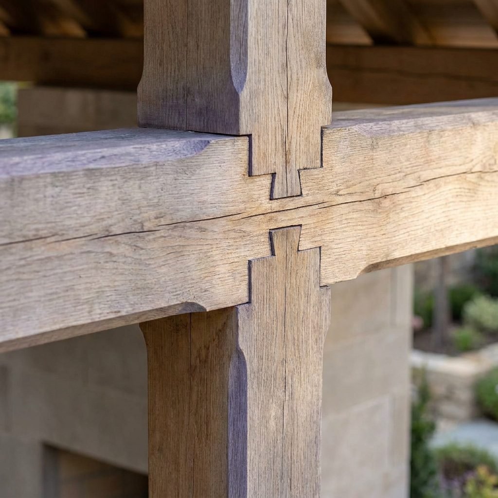 Detailed mortise-and-tenon timber joinery showcasing premium woodworking craftsmanship