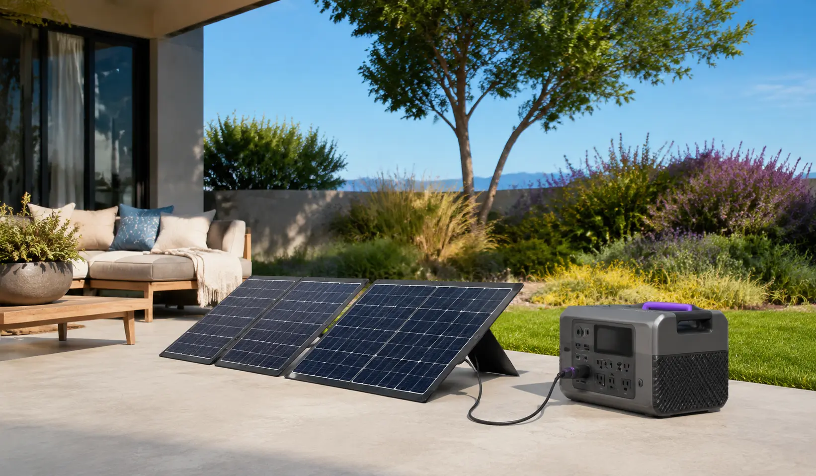 Portable solar panels recharging a battery power station on a sunny patio