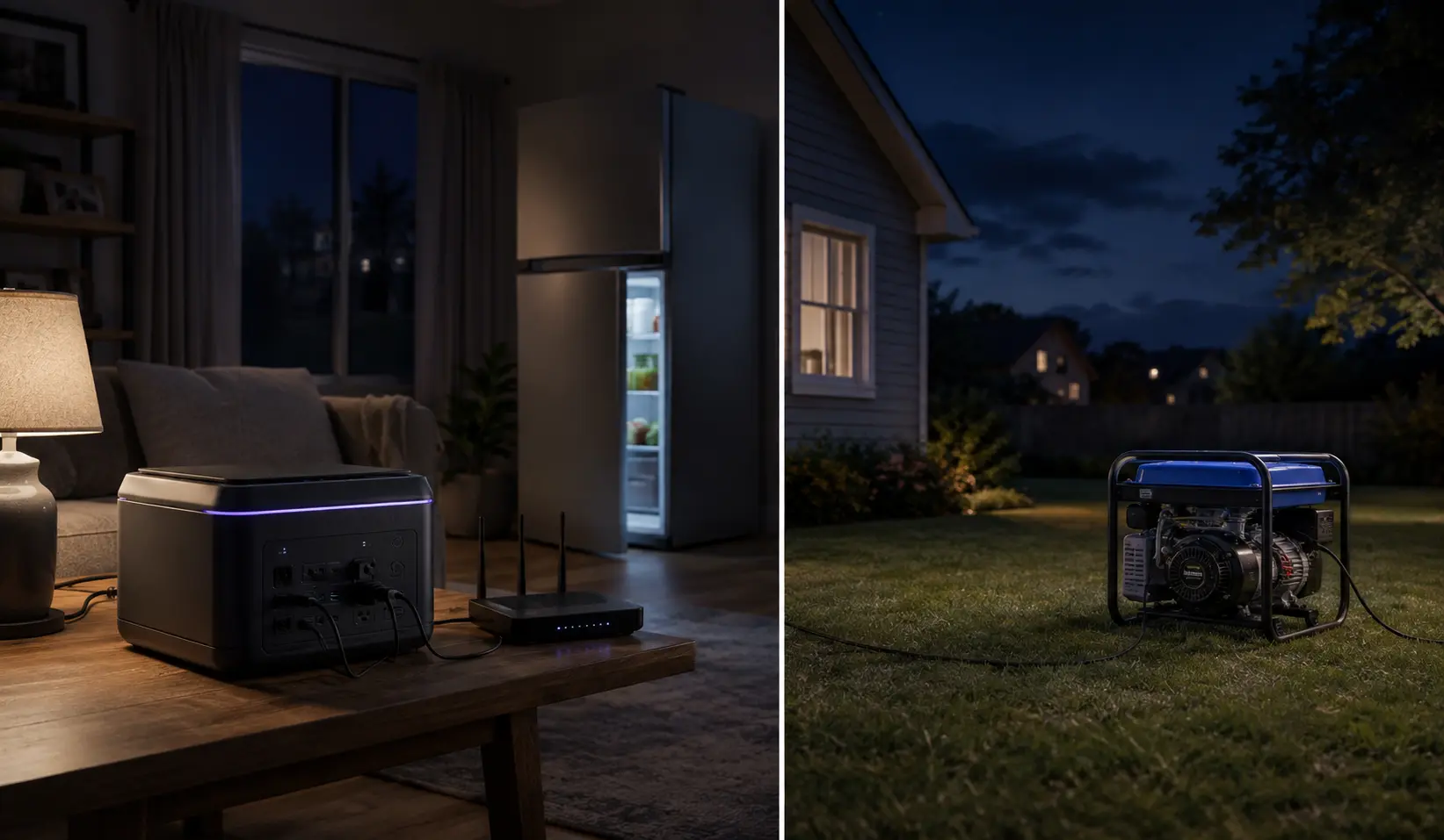 Indoor battery power station compared with a gasoline generator operated outdoors